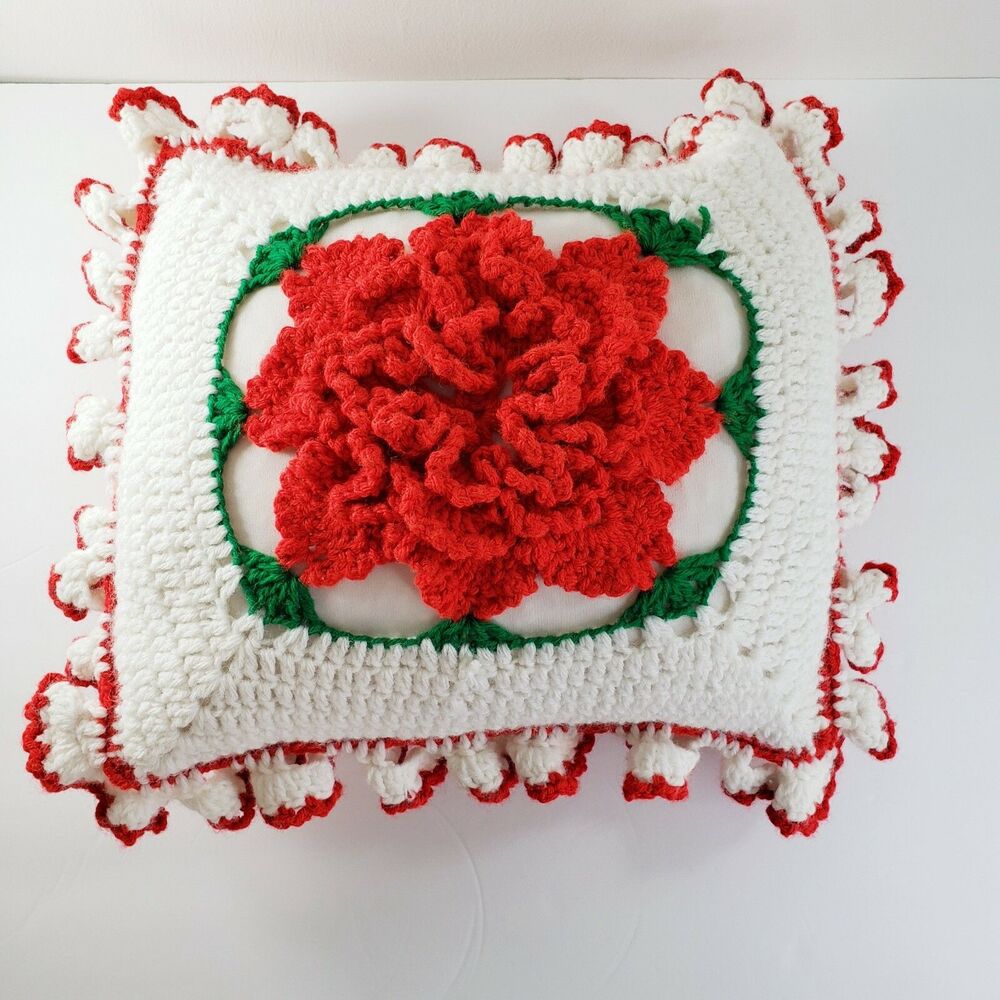Crochet Accent Pillow Red Flower Poinsettia Ruffle Edge Christmas Holiday